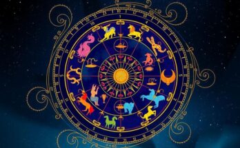 A vibrant zodiac wheel surrounded by astrological symbols, showcasing celestial designs in rich blues and golds.