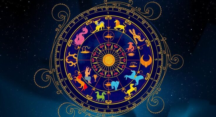 A vibrant zodiac wheel surrounded by astrological symbols, showcasing celestial designs in rich blues and golds.