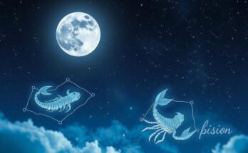 A celestial illustration of Scorpio and Pisces signs against a starry night sky, symbolising luck and introspection.