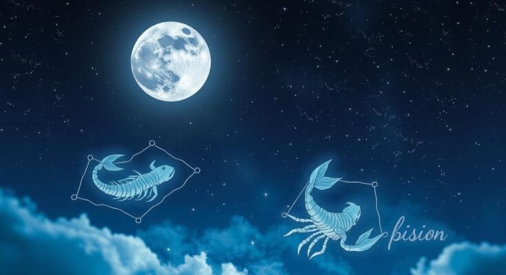 A celestial illustration of Scorpio and Pisces signs against a starry night sky, symbolising luck and introspection.