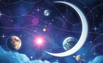 A mystical landscape with a crescent moon, stars, and planets symbolising astrological signs in a vibrant cosmic palette.