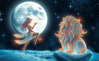 Cosmic scene illustrating star signs with Gemini and Leo symbols glowing under a full moon's light.