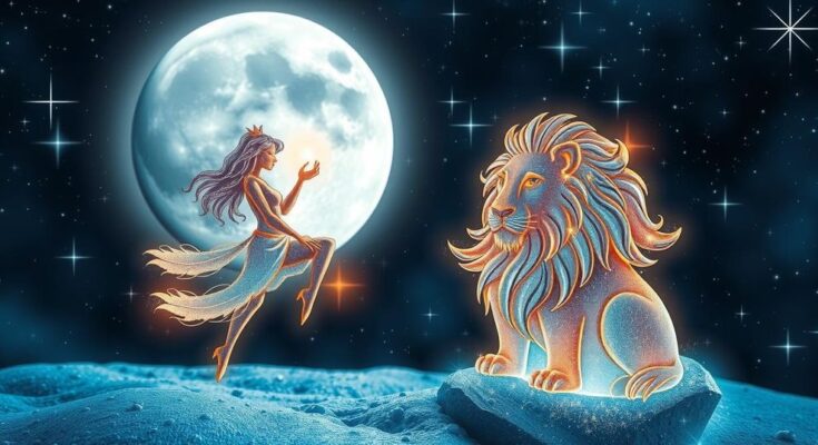 Cosmic scene illustrating star signs with Gemini and Leo symbols glowing under a full moon's light.