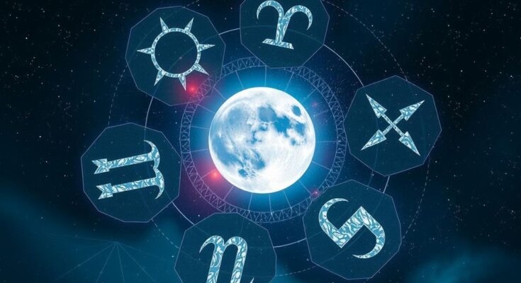Astrological symbols of five zodiac signs in a celestial background with a full moon and starry skies.