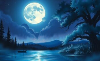 A mystical night scene featuring a vibrant Scorpio moon above a serene landscape, embodying emotional depth and transformation.