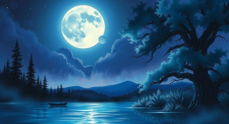 A mystical night scene featuring a vibrant Scorpio moon above a serene landscape, embodying emotional depth and transformation.