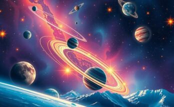 A cosmic scene with starry backgrounds, vibrant constellations, and planetary alignments representing good fortunes for five zodiac signs.