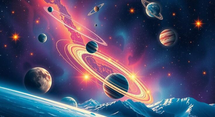 A cosmic scene with starry backgrounds, vibrant constellations, and planetary alignments representing good fortunes for five zodiac signs.