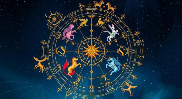 A vibrant astrological chart with symbols of the zodiac signs set against a starry background in deep blue and gold hues.