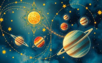A cosmic scene showcasing the auspicious alignment of celestial bodies, with ethereal swirls of blue and gold light.
