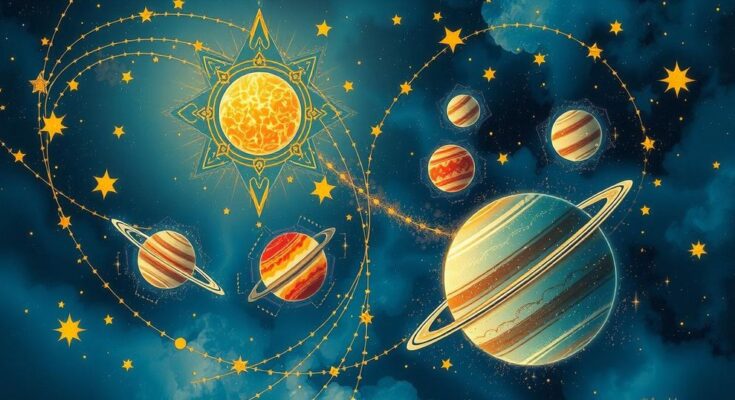 A cosmic scene showcasing the auspicious alignment of celestial bodies, with ethereal swirls of blue and gold light.