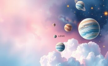A celestial theme showcasing planets and stars with soft pastel colours symbolizing love and relationships.