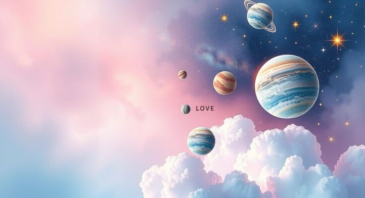 A celestial theme showcasing planets and stars with soft pastel colours symbolizing love and relationships.