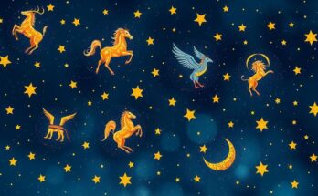 A celestial night sky filled with twinkling stars and zodiac signs, emphasising astrology with a cosmic vibe.