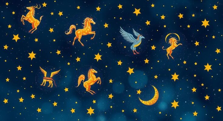 A celestial night sky filled with twinkling stars and zodiac signs, emphasising astrology with a cosmic vibe.