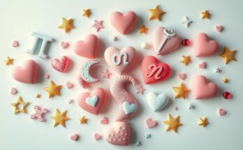 A celestial-themed illustration depicting astrological symbols and love-related imagery in soft pastel colours.