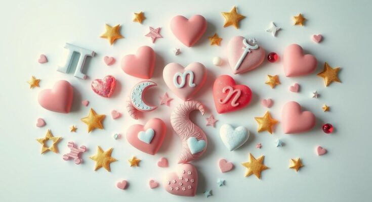 A celestial-themed illustration depicting astrological symbols and love-related imagery in soft pastel colours.