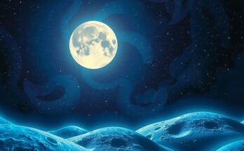 A cosmic scene with a luminous full moon against a starry background, symbolising transformation and self-discovery.