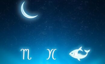 A serene night sky with stars and a crescent moon guiding three zodiac symbols symbolizing renewal and growth.