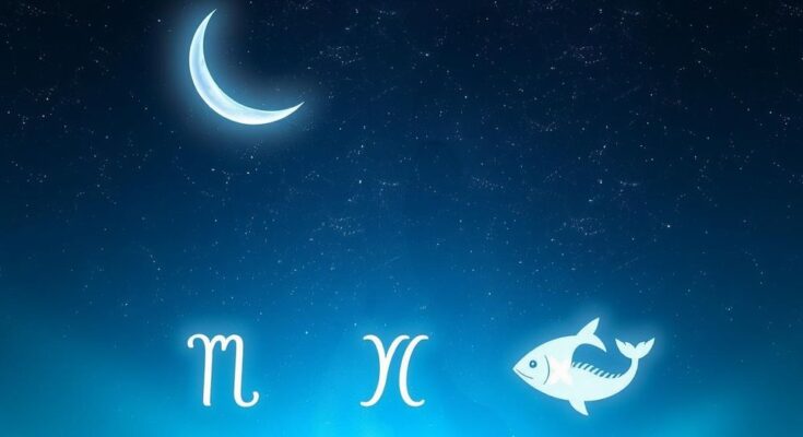 A serene night sky with stars and a crescent moon guiding three zodiac symbols symbolizing renewal and growth.