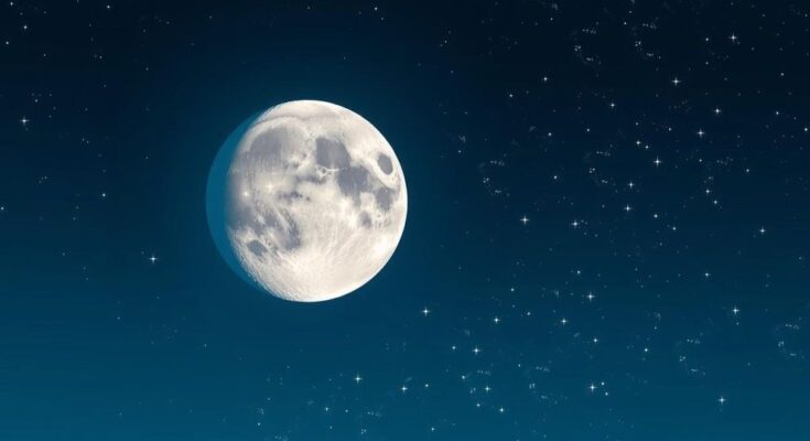 A serene night sky with a waning gibbous moon, deep blue hues and twinkling stars, symbolising introspection and evolution.