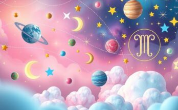 Astrological symbols surrounded by vibrant stars and celestial elements, in a pastel colour palette, reflecting horoscopes.