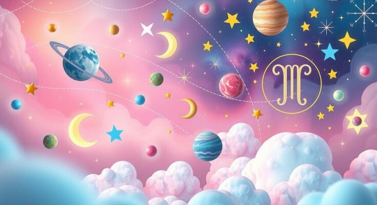Astrological symbols surrounded by vibrant stars and celestial elements, in a pastel colour palette, reflecting horoscopes.