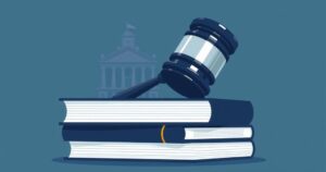 A conceptual image featuring a gavel, legal books, and a government building, evoking themes of law and politics.