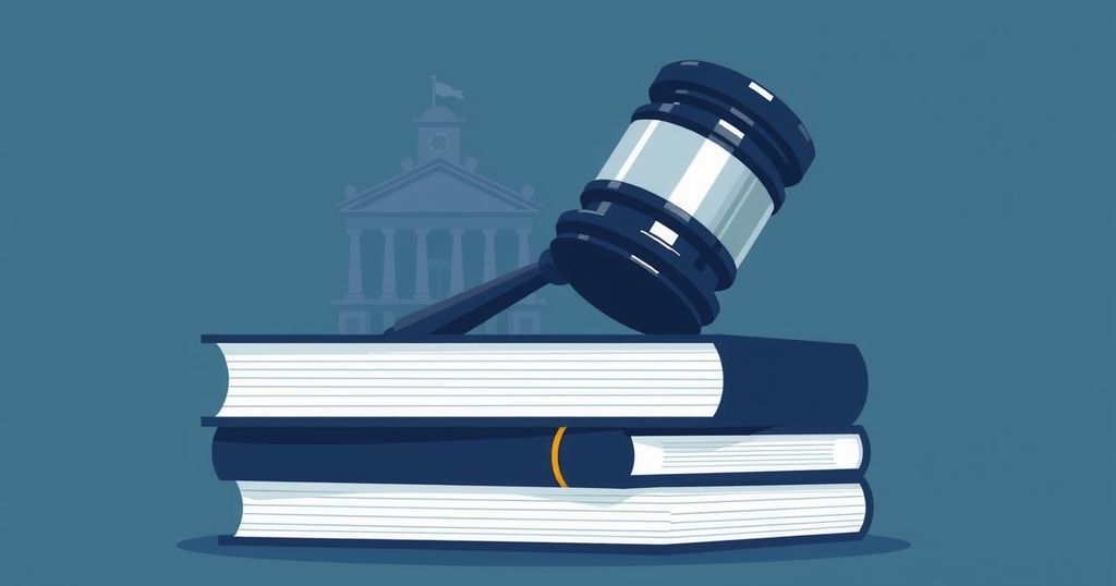 A conceptual image featuring a gavel, legal books, and a government building, evoking themes of law and politics.