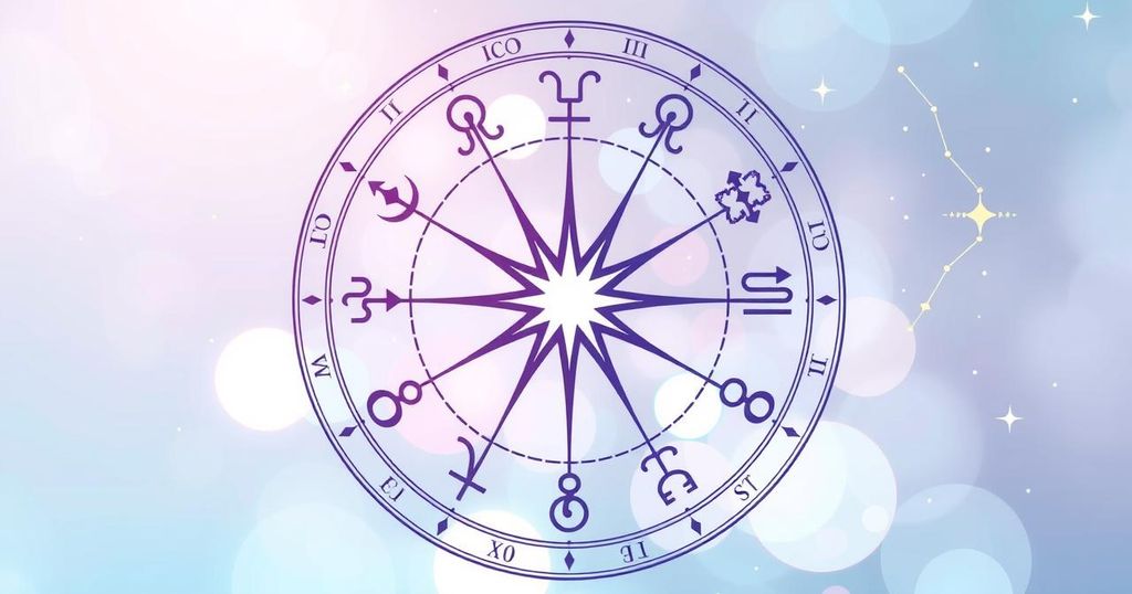 Zodiac wheel featuring astrological symbols, constellation lines and soft pastel colours for a mystical effect.