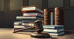 A courtroom scene with legal books and gavel, reflecting themes of law and justice in a muted colour palette.