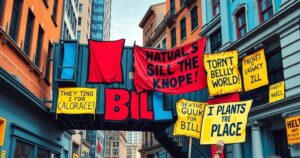 A protest scene with banners against a legislative bill, showcasing opposition and solidarity in a vibrant urban setting.