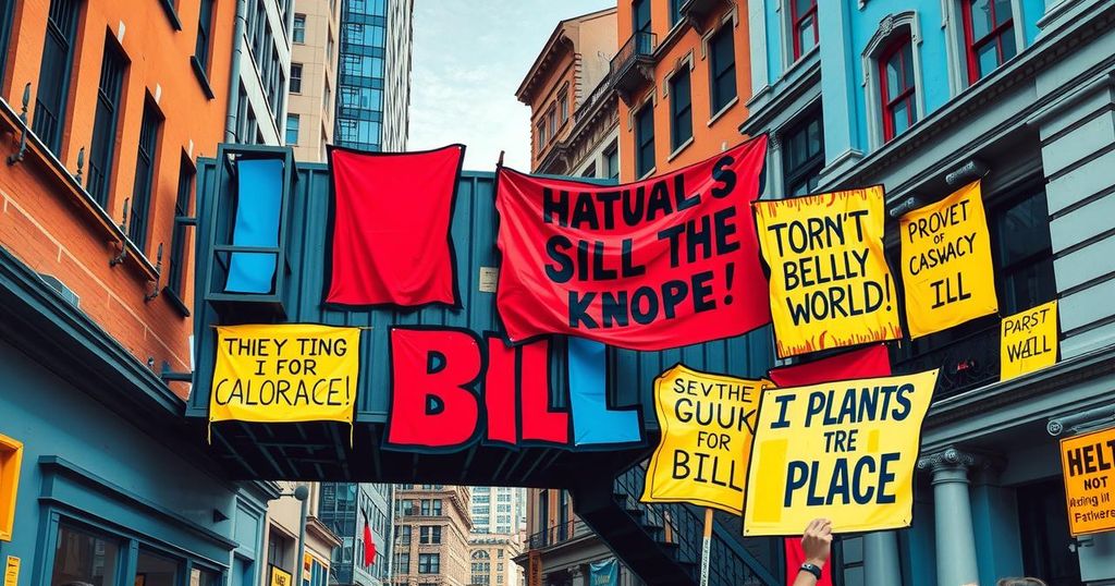 A protest scene with banners against a legislative bill, showcasing opposition and solidarity in a vibrant urban setting.
