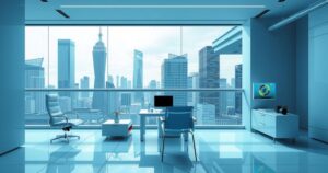 Abstract representation of AI transformation in an office overlooking a city skyline, with a futuristic aesthetic and digital hues.