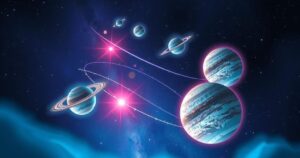 Cosmic scene depicting planets in alignment with ethereal colours and celestial symbols, capturing astrology magic.