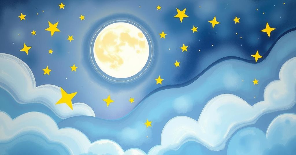 Cosmic astrological scene with radiant stars, zodiac symbols and a serene moon illuminating a dreamy landscape.