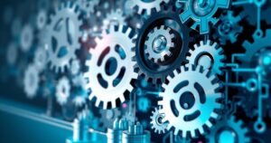 Abstract representation of AI impact on jobs featuring gears and digital elements in cool tones.