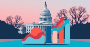 Illustration of a political scene with a Capitol building, abstract charts, and a blue and red colour scheme reflecting partisan divide.
