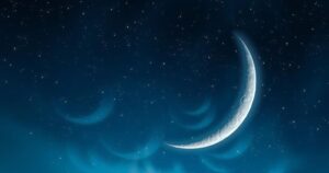 A serene night sky with a waxing crescent Moon and Jupiter alignment amidst sparkling stars, embodying cosmic growth.