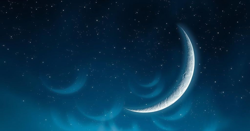A serene night sky with a waxing crescent Moon and Jupiter alignment amidst sparkling stars, embodying cosmic growth.