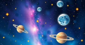 A cosmic scene depicting stars and planets aligned in a celestial dance for May 6, 2025, with vibrant colours.