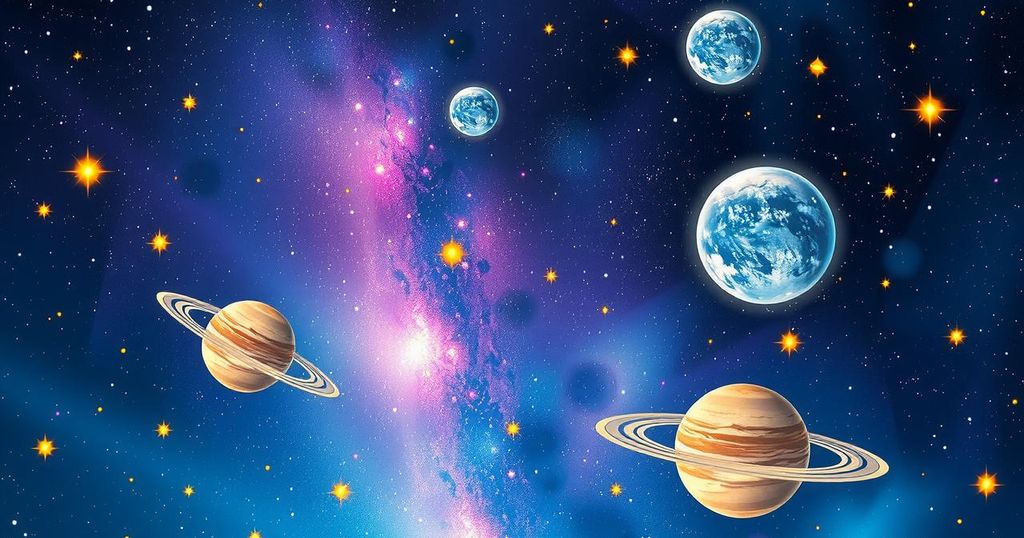 A cosmic scene depicting stars and planets aligned in a celestial dance for May 6, 2025, with vibrant colours.