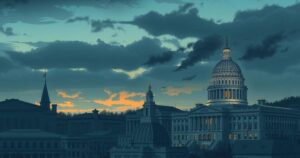 A darkened cityscape with towering government buildings, symbolizing public discontent with politics and governance.