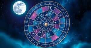 A vibrant zodiac wheel featuring astrology symbols against a cosmic backdrop with twinkling stars and a luminous moon.