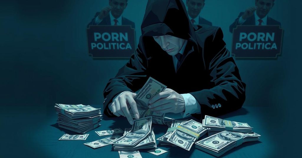 A dark-themed composition illustrating the concept of hidden political funding and campaign secrecy.