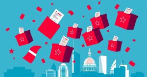 A vibrant illustration depicting election ballots and symbols of democracy, in a bold political style with contrasting colours.