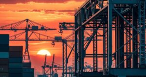 A political landscape with steel girders and sunset hues, symbolising trade policies and economic changes.