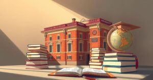 A symbolic representation of education with a university building, books, and a globe, in a classic art style using warm colours.
