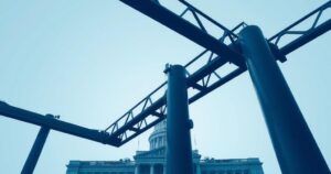 Abstract depiction of trade policies with steel beams and government building silhouetted, using shades of blue and steel grey.