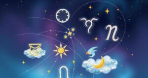 Astrological symbols surrounded by cosmic elements in a vibrant gradient of blues, purples, and golds.